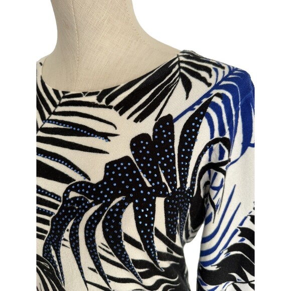 Annabelle Blue Black Sweater Floral Rhinestone 3/4 Sleeves Tropical Small - Picture 8 of 16